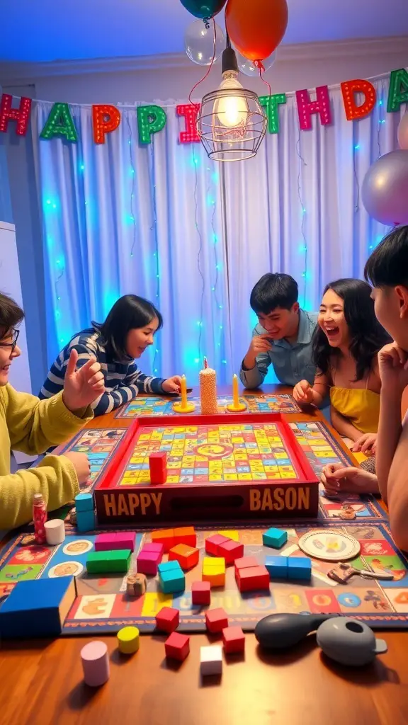 A group of friends playing a colorful board game at a birthday celebration.