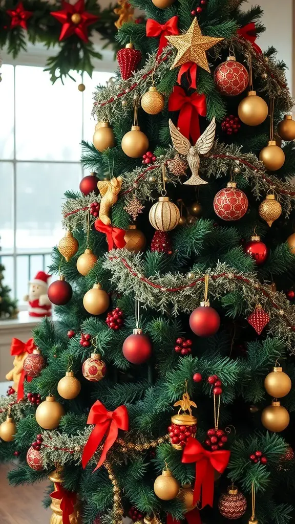 A beautifully decorated Christmas tree with red and gold ornaments, ribbons, and natural elements.