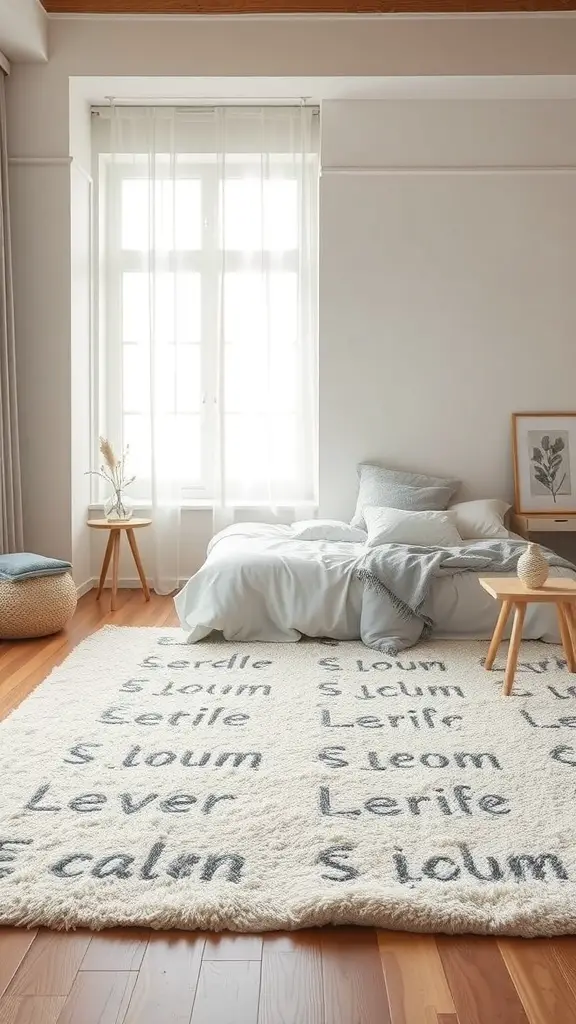 23+ Stunning Bedroom Rug Ideas to Transform Your Space 2 A cozy bedroom with a fluffy neutral-toned rug featuring calming words, soft bedding, and natural light.
