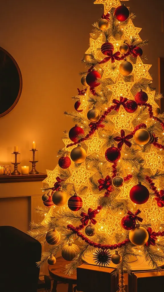 A vintage gold Christmas tree adorned with red and gold ornaments, glowing warmly in a cozy room.