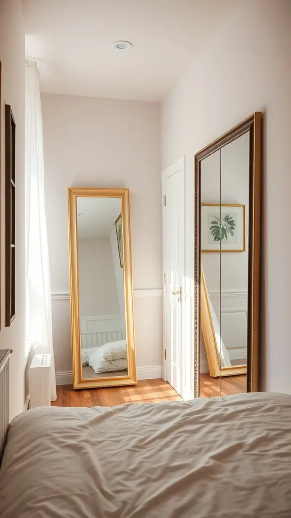31+ Genius Narrow Bedroom Ideas to Maximize Space 5 A narrow bedroom featuring two tall mirrors, one with a golden frame and the other with a sleek design, reflecting light and creating an open feel.