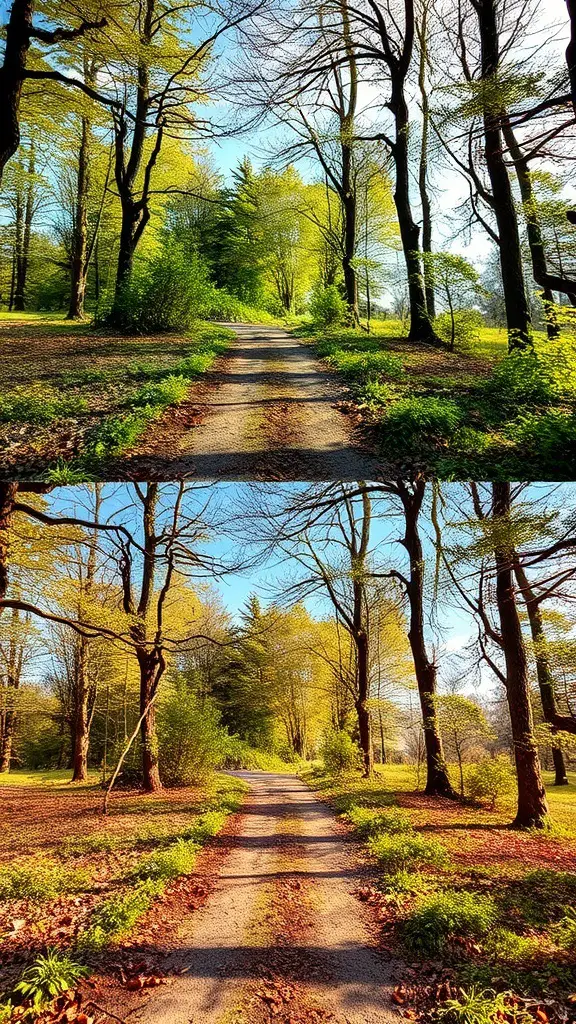 A woodland path showing seasonal changes with green trees in spring and fallen leaves in autumn.