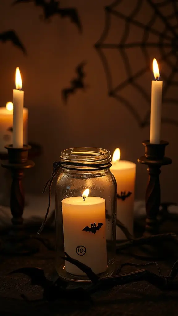 A spooky arrangement of candle holders with a bat design, set against a dark background.