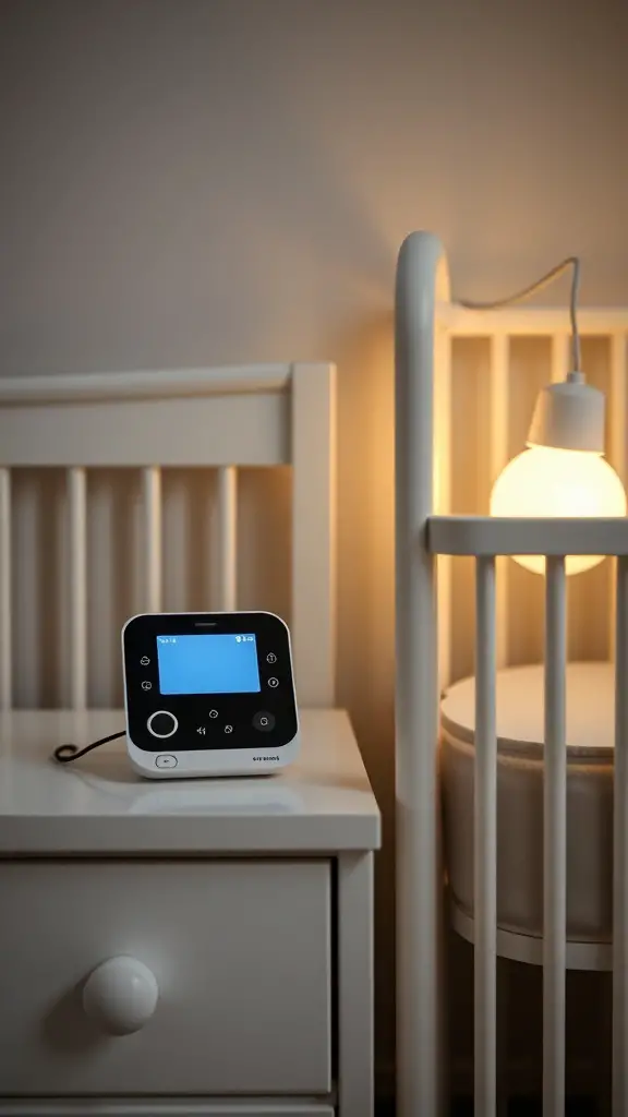 A baby monitor placed next to a crib with a soft light in the background.