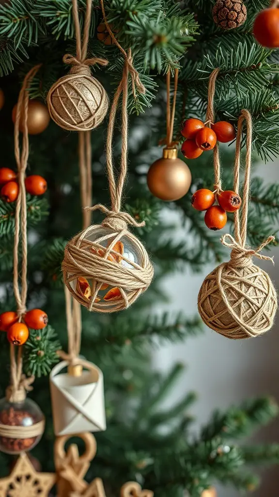 A close-up of handmade ornaments on a rustic Christmas tree, featuring twine-wrapped balls, glass baubles, and natural elements.
