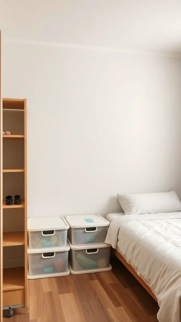 29+ Budget-Friendly Small Room Ideas to Maximize Space 8 A small room featuring a bed with under-bed storage bins and a shelf.