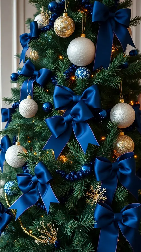 A beautifully decorated Christmas tree featuring navy blue ribbons and bows, adorned with ornaments and lights.