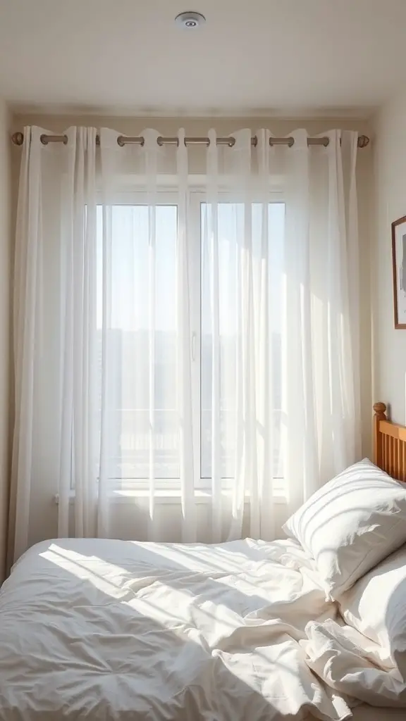 29+ Extra Small Bedroom Ideas to Maximize Space and Style 12 Bright small bedroom with sheer white curtains allowing natural light to enter.