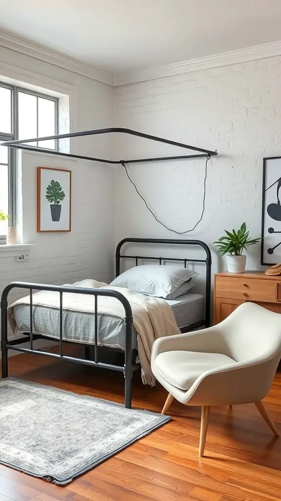 25+ Stylish Bedframe Ideas for Small Rooms 15 A small room featuring a black metal bed frame, light bedding, a cozy chair, and a plant.