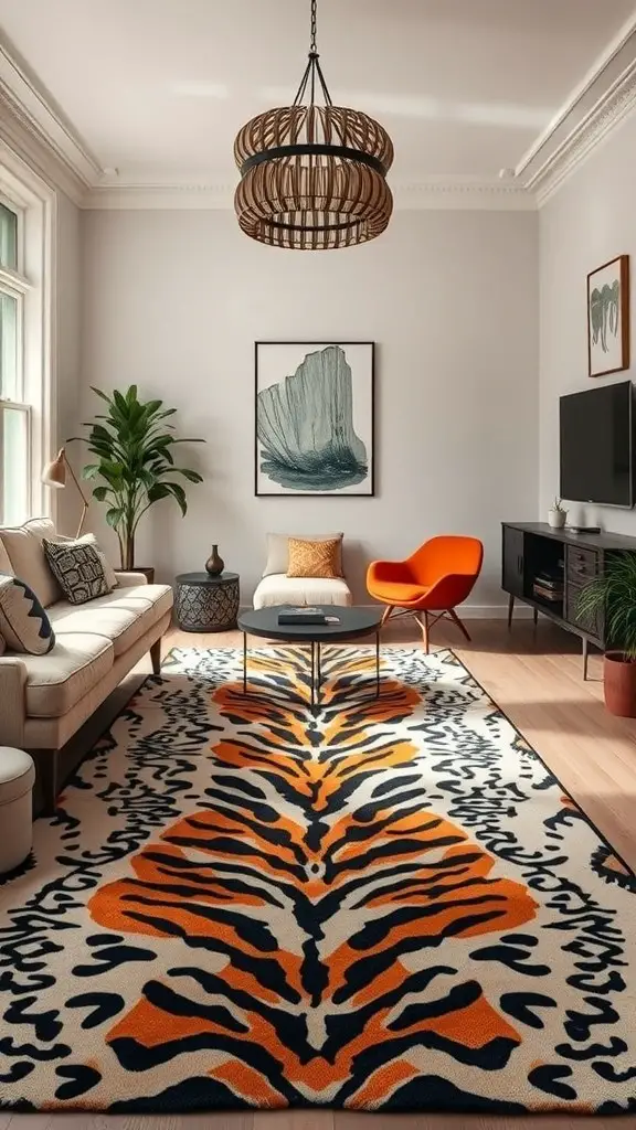23+ Stunning Rug Design Ideas to Transform Your Space 5 A living room featuring a tiger print rug, modern furniture, and stylish decor.