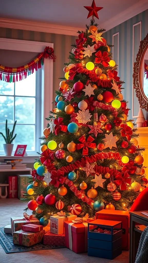 A colorful 70s Christmas tree decorated with vibrant ornaments and surrounded by wrapped gifts.