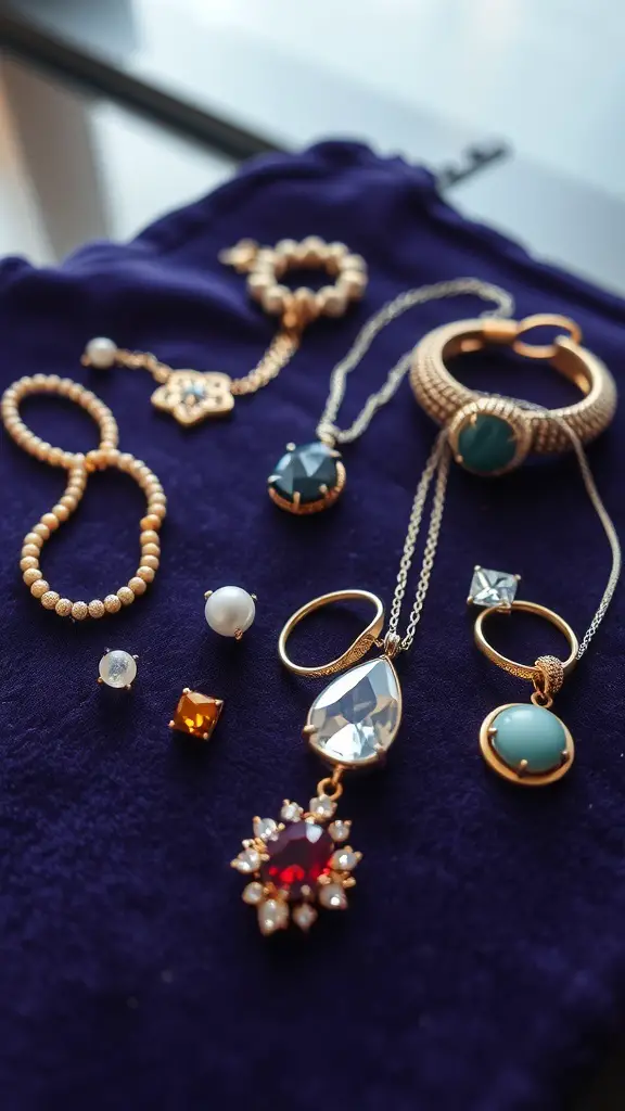 A collection of handcrafted jewelry pieces displayed on a purple cloth.