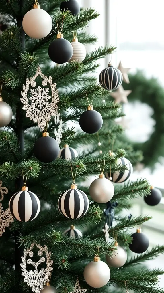 A Christmas tree decorated with black and white ornaments and lace snowflakes.