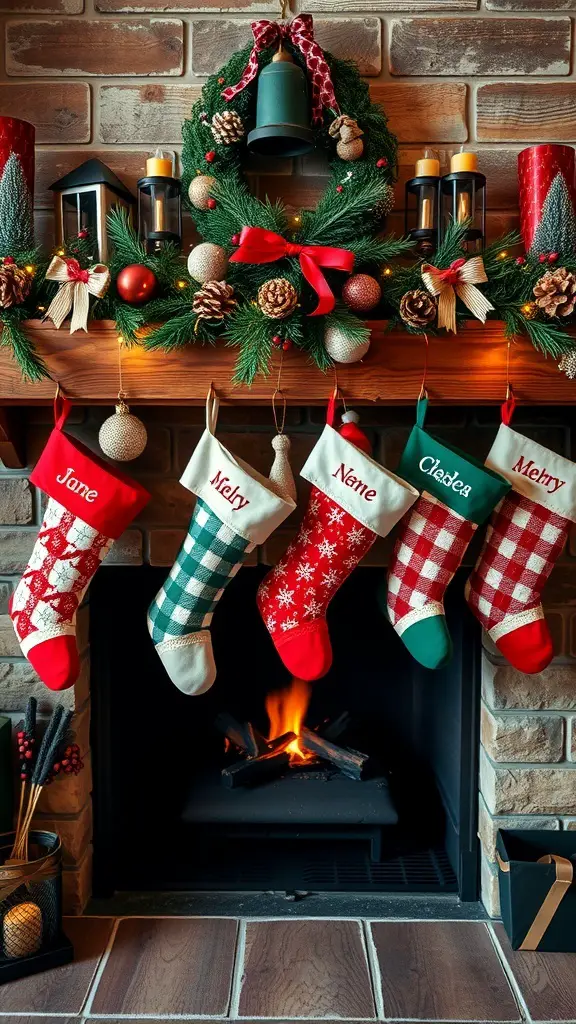 A cozy fireplace decorated with personalized Christmas stockings and a festive wreath.