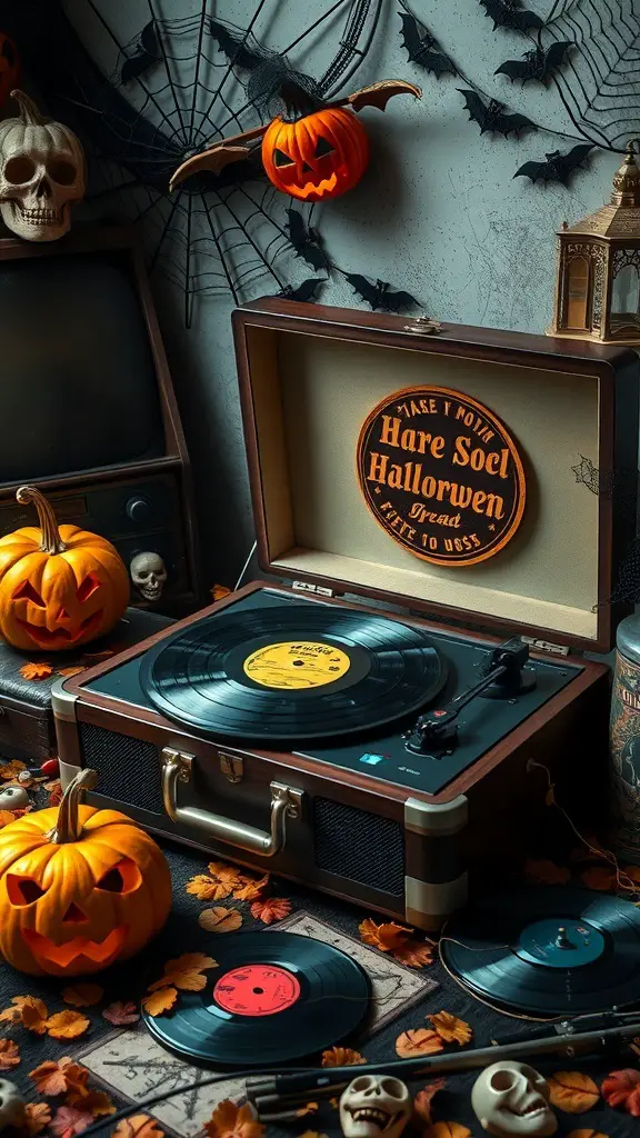 A vintage record player surrounded by Halloween decorations, including jack-o'-lanterns and spooky elements.