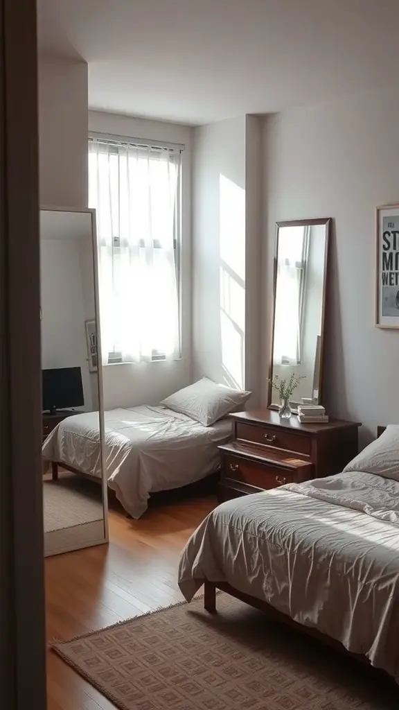 27+ Creative Tiny Bedroom Ideas for Maximum Style and Functionality 3 A cozy bedroom with two beds, a large mirror, and natural light.