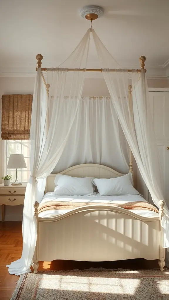 25+ Adorable Small Bedroom Ideas for a Cozy Retreat 2 A charming canopy bed setup with light fabric draping, a neutral bed frame, and a small nightstand.