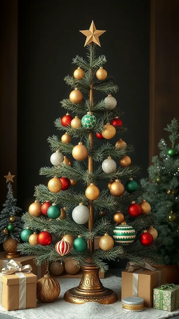 A beautifully decorated bronze Christmas tree with colorful ornaments and presents underneath.