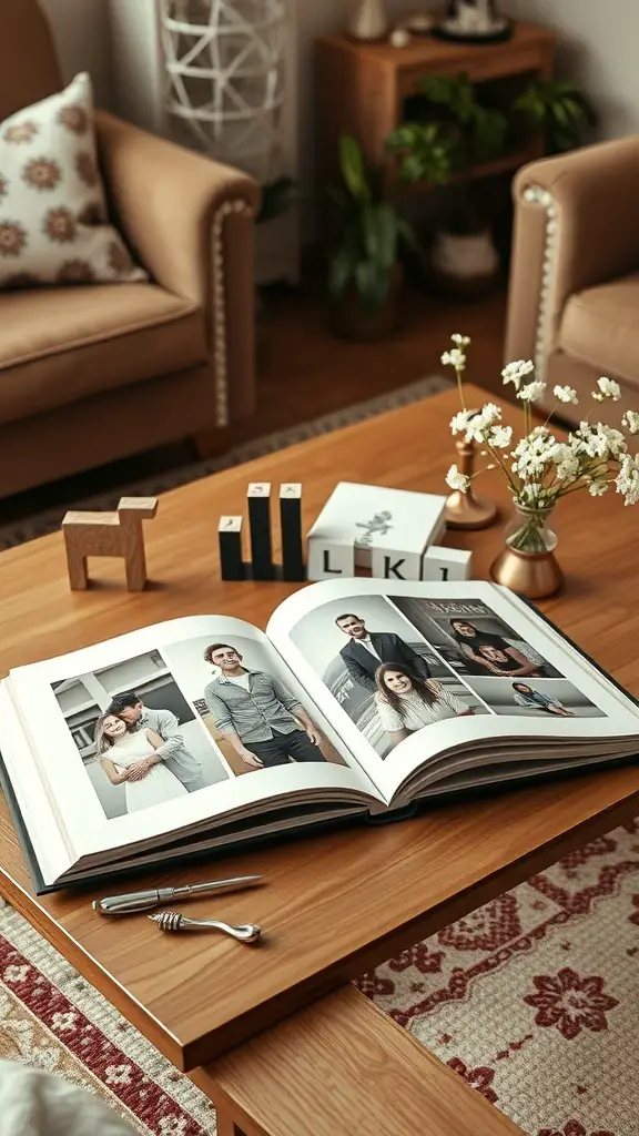 A custom photo book open on a wooden table, showcasing family photos, with decorative items around it.