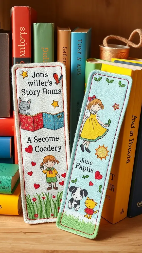 27+ Creative Fabric Bookmark Ideas to Elevate Your Reading Experience 8 Two fabric bookmarks featuring children's storybook characters, with colorful designs and playful illustrations.