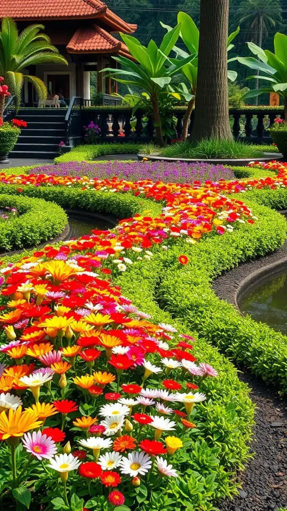 25+ Stunning Bali Garden Design Ideas You’ll Love 8 Colorful flower beds in a Bali garden with a variety of flowers and lush greenery