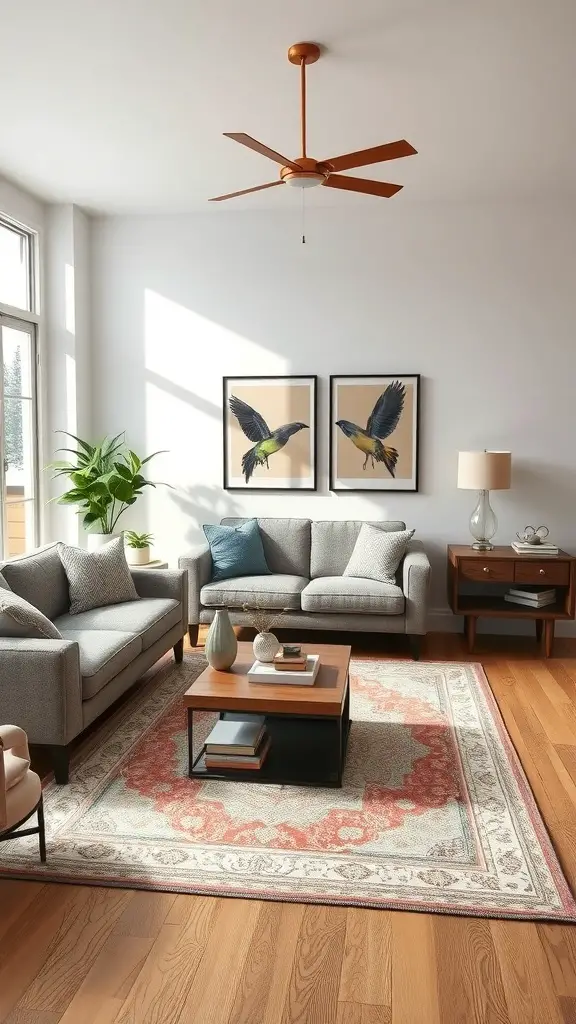 27+ Contemporary Rugs to Elevate Your Living Room Style 2 A cozy living room featuring a stylish rug under a coffee table, with two sofas and decorative wall art.