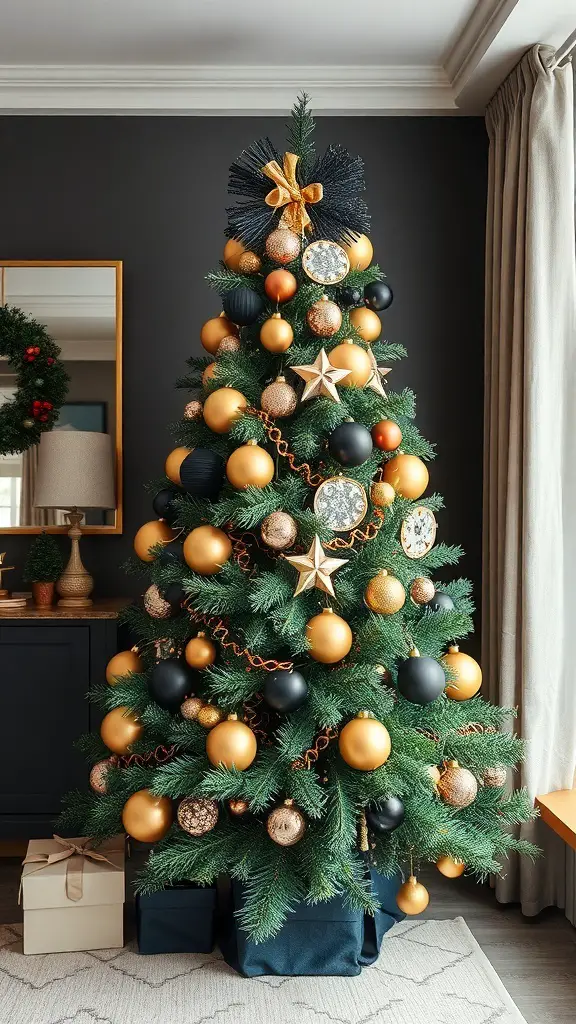 A beautifully decorated Christmas tree with copper, black, and gold ornaments, set against a dark wall.