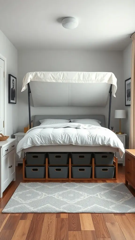 27+ Charming Small Master Room Ideas for Cozy Living 4 A small master room with a bed featuring storage bins underneath.