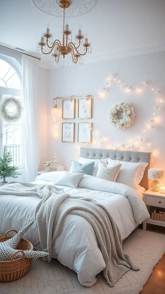 Cozy winter-themed bedroom with white linens, decorative pillows, fairy lights, and a small evergreen tree.