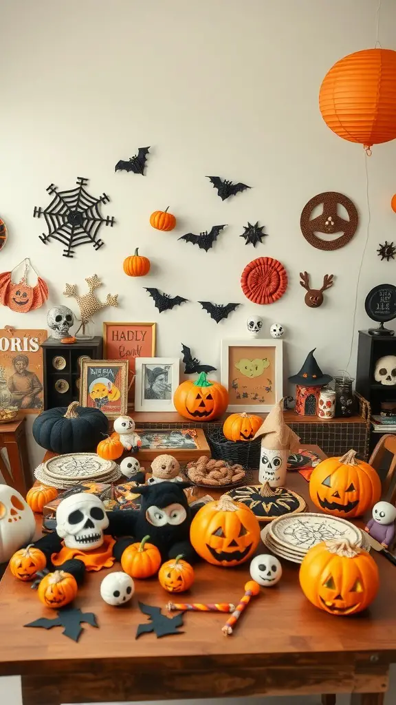 A colorful Halloween display featuring pumpkins, bats, and spooky decorations from the 1960s.