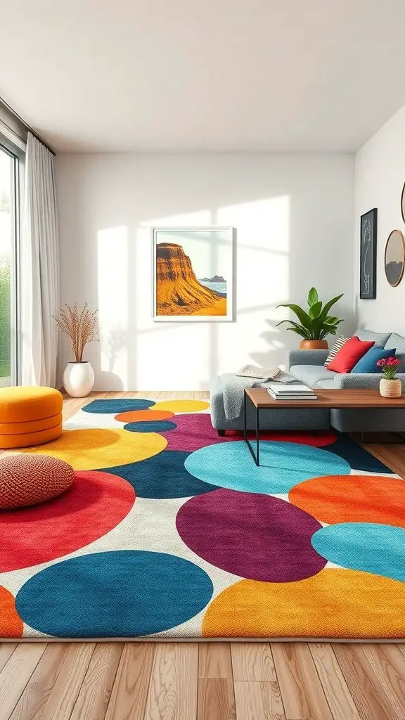 29+ Stunning Abstract Rugs to Elevate Your Living Room Decor 2 A living room featuring a colorful abstract rug with circles in vibrant colors.