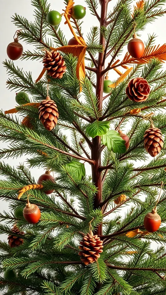 A Christmas tree decorated with natural elements like pinecones and green ornaments.