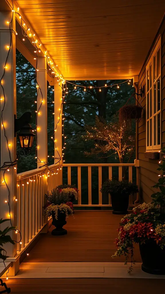 A cozy porch decorated with warm string lights and potted plants, creating a festive atmosphere.