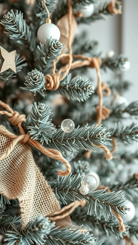Close-up of a decorated Christmas tree with natural textures and materials