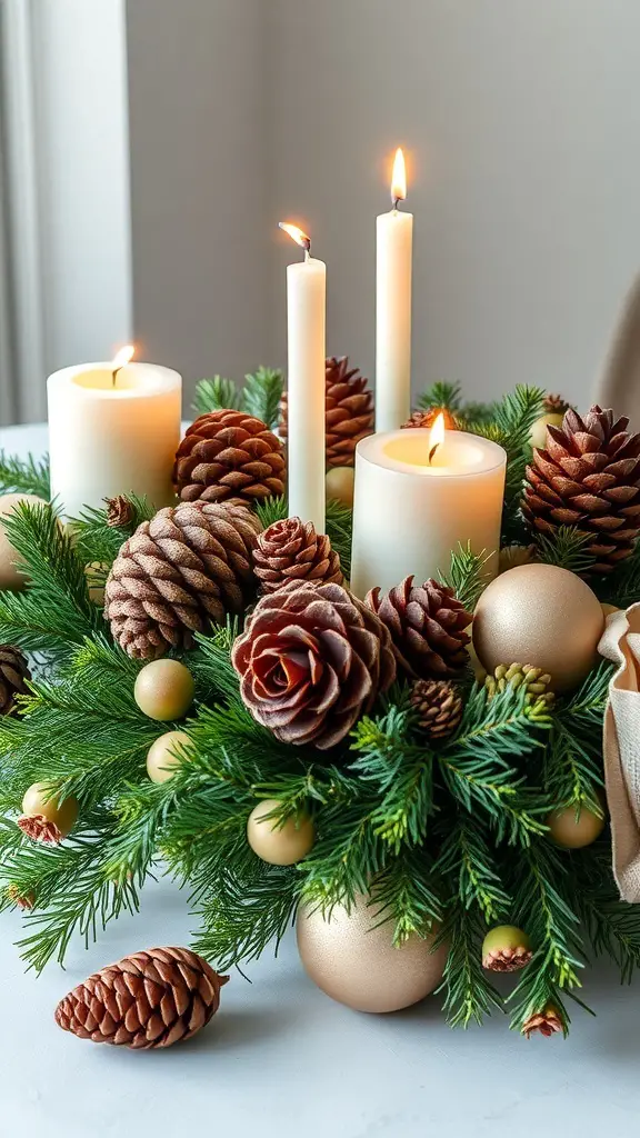 A nature-inspired centerpiece with pinecones, evergreen branches, and candles.