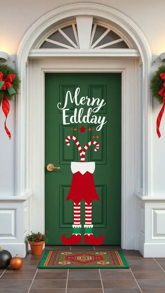 A green door decorated with a cheerful elf banner, featuring candy cane stripes and the words 'Merry Ellday'.