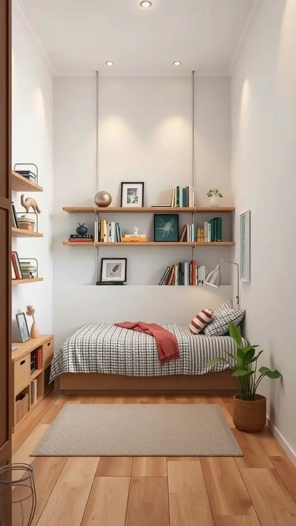 27+ Creative Small Rectangular Bedroom Ideas to Maximize Space 9 A small rectangular bedroom featuring wall-mounted shelves, a bed, and a plant.