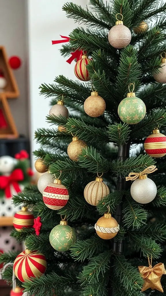 A beautifully decorated Christmas tree with various ornaments.