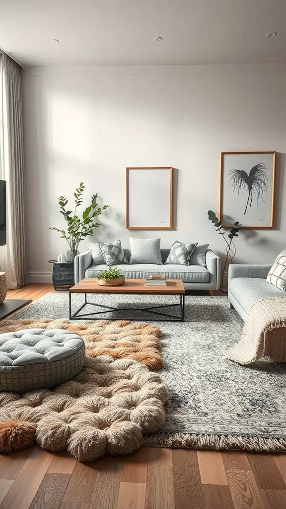 31+ Stunning Tufted Rug Designs You’ll Love 2 A cozy living room featuring layered tufted rugs with a modern aesthetic.