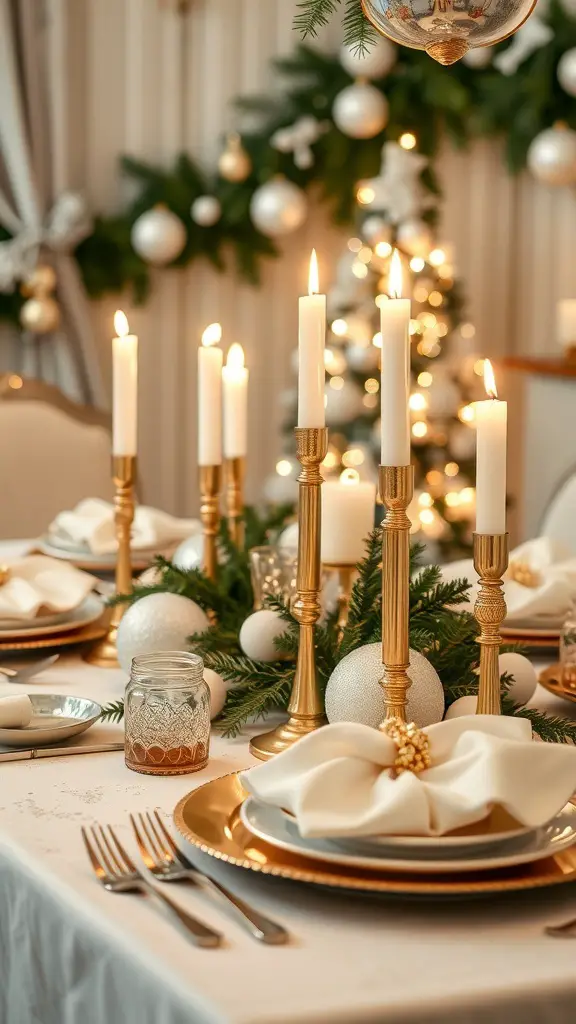 A beautifully set dining table with white and gold accents, featuring candles, elegant plates, and festive decorations.