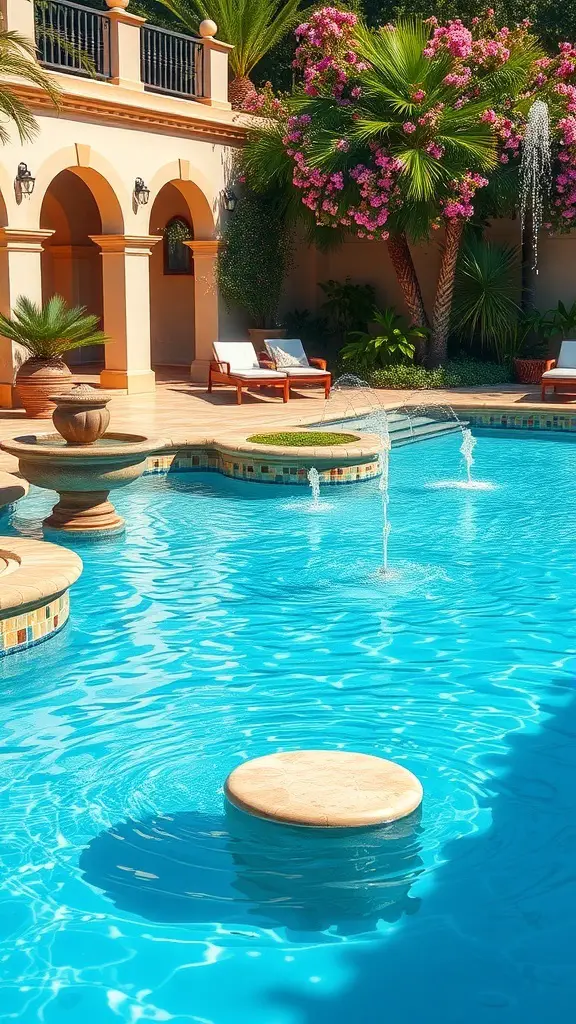 25+ Stunning Mediterranean Pool Designs to Enhance Your Outdoor Oasis 9 A Mediterranean pool with fountains and lush greenery.