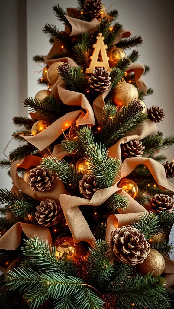 A Christmas tree decorated with gold ornaments, brown ribbons, and pine cones.