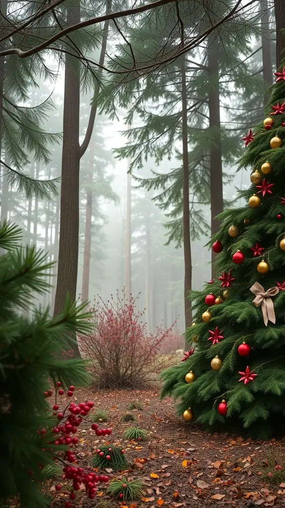 A decorated Christmas tree in a misty forest, showcasing red and gold ornaments against green foliage.