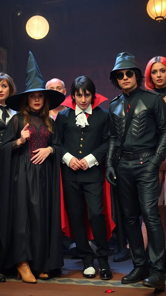 A group of friends in 2000s Halloween costumes, featuring a witch, a vampire, and an edgy character.