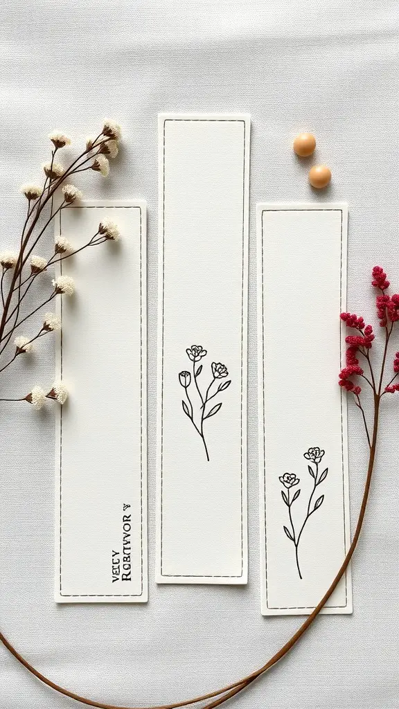 Three minimalist embroidered bookmarks with floral designs on a light background, surrounded by dried flowers and decorative beads.