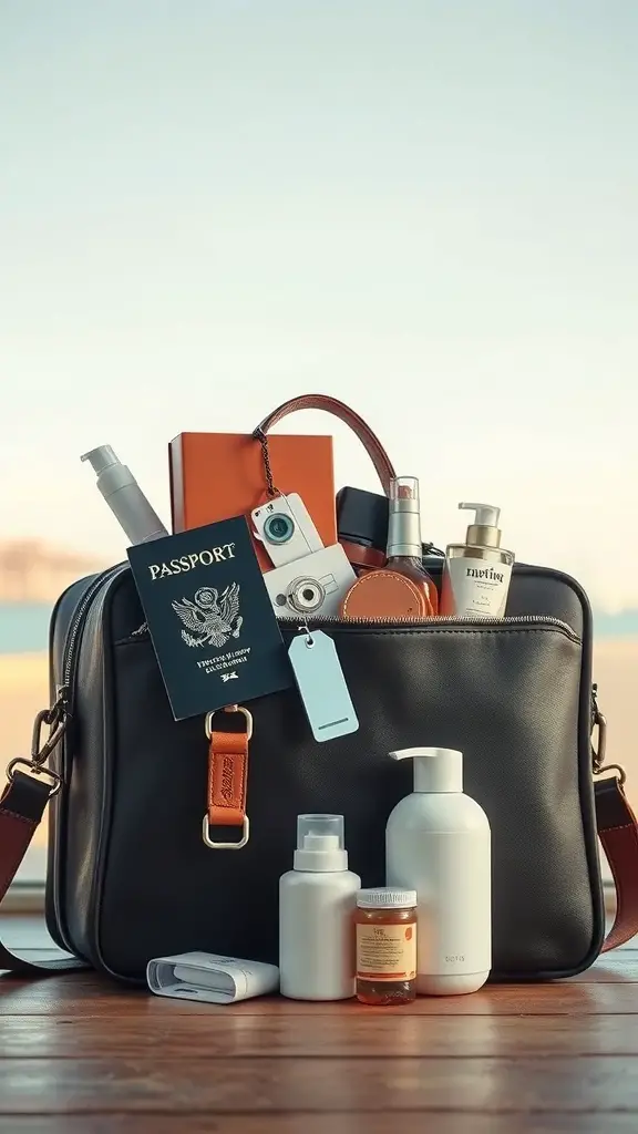 33+ Thoughtful Gifts Your Sister Will Adore 15 A stylish travel bag with a passport, skincare products, and a camera, perfect for travel accessories.