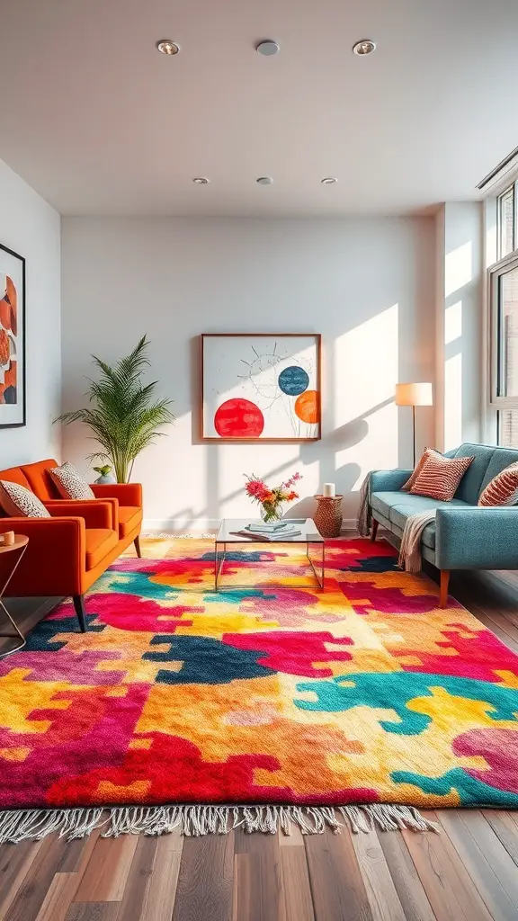 23+ Stunning Rug Design Ideas to Transform Your Space 2 A colorful rug with bold patterns in a modern living room featuring orange and blue sofas.