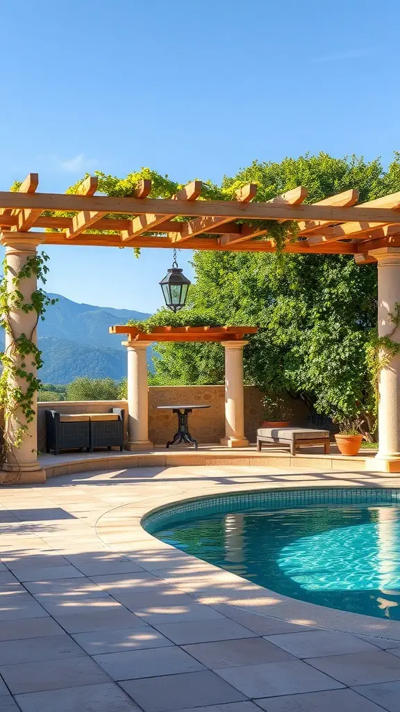 25+ Stunning Mediterranean Pool Designs to Enhance Your Outdoor Oasis 15 A beautiful pergola providing shade over a Mediterranean pool area with lush greenery.