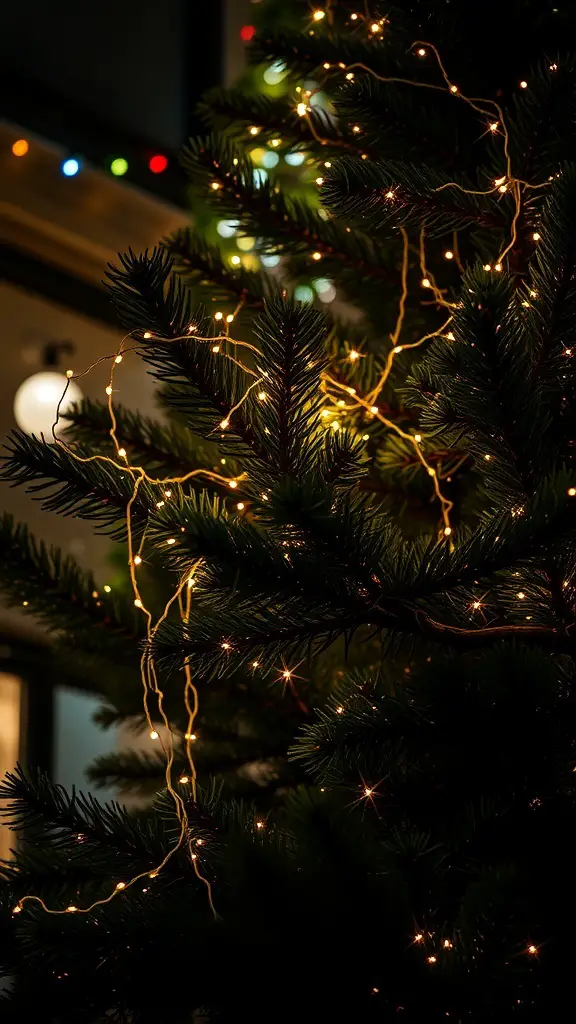 A dark green Christmas tree adorned with warm white lights, creating a cozy and festive atmosphere.