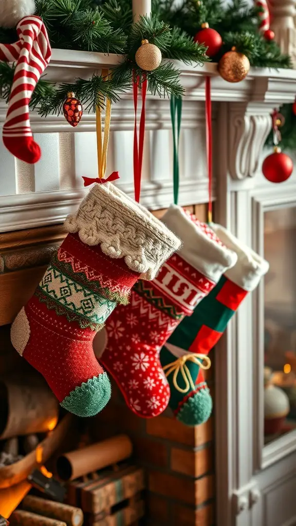 Colorful handcrafted Christmas stockings hanging by a fireplace
